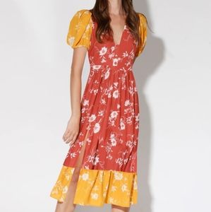Walter Baker Cara Floral Colorblock Midi Dress Orange Yellow White Small
